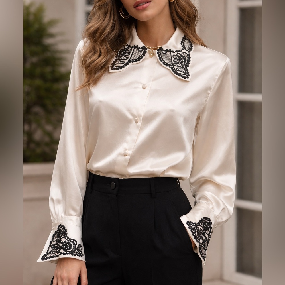 Como Vintage Satin Blouse with Black Embroidery